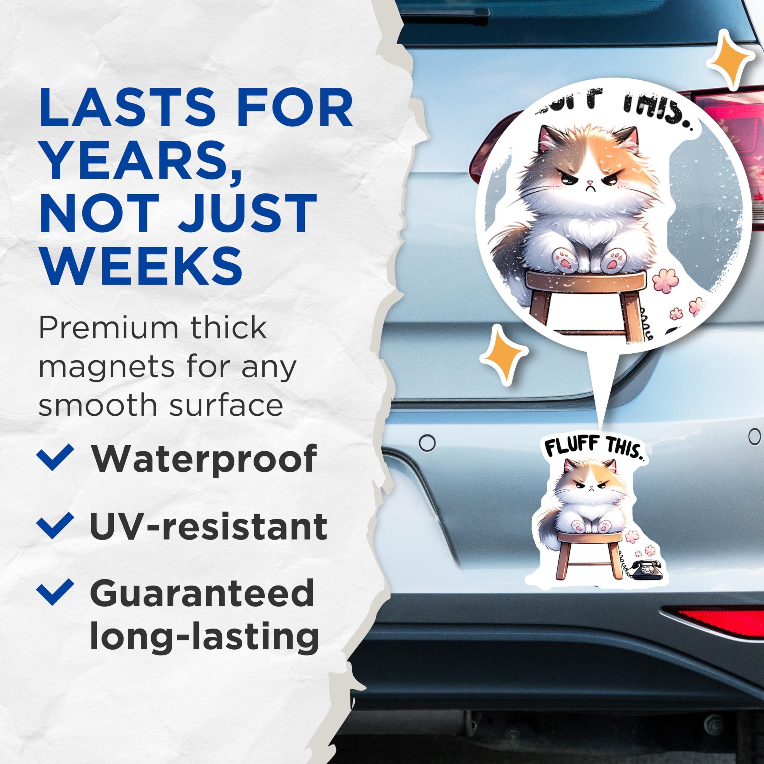 (2 Pack) Grumpy Cat Magnets - Fluffy Cat Design - Cute Animal Refrigerator Magnets - 5" On Longest Side - Premium Magnet - for Cars, Refrigerators, Toolboxes, Lockers - Made in USA - MAG15364