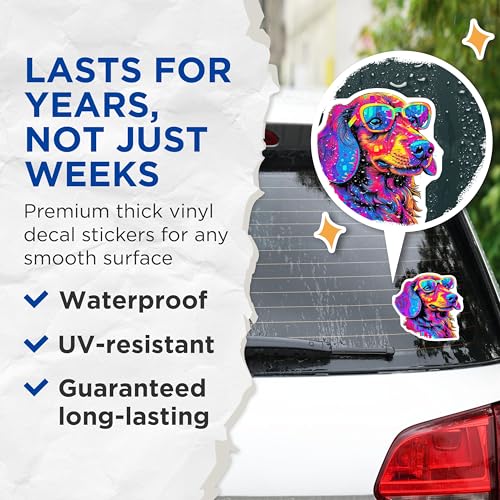 (2 Pack) Colorful Dachshund Dog Stickers - Cool Dog Shades - Vibrant Canine Art - 5" On Longest Side - Sticks to Smooth Flat Surfaces - Made in USA - BMCS7243