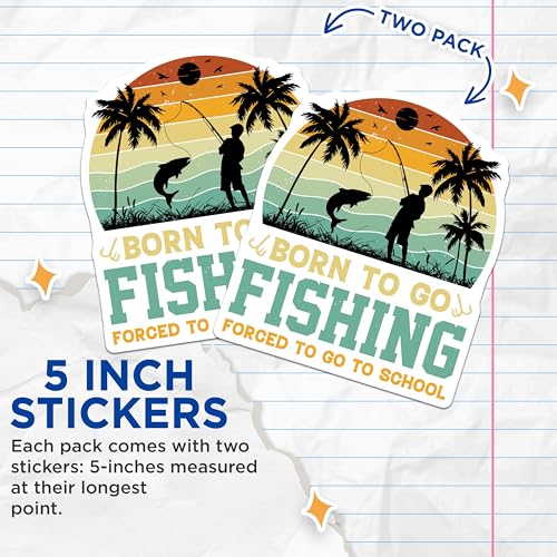 (2 Pack) Born to Go Fishing Stickers - Retro Fishing Silhouette - Fishing Lover Decal - Outdoorsman Sticker - 5" On Longest Side - Sticks to Smooth Flat Surfaces - Made in USA - BMCS3926