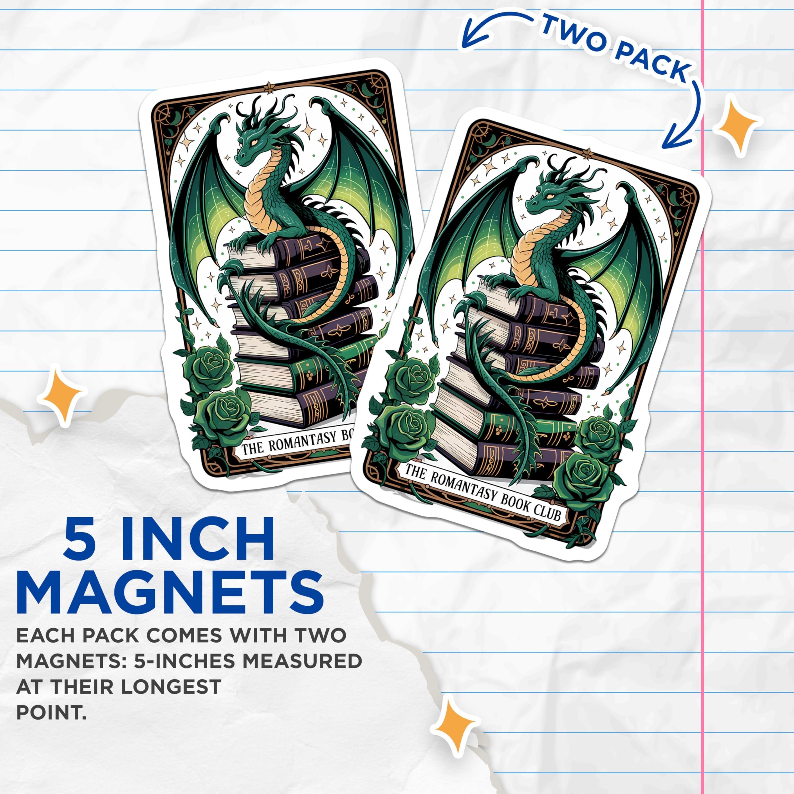 (2 Pack) Romantasy Book Club Magnets - Green Dragon Fantasy Reader Decor - Book Lover Literary Art Aesthetic Reading Nook - 5 Inches On Longest Side - Thick Durable Magnet - Made in USA - MAG21337