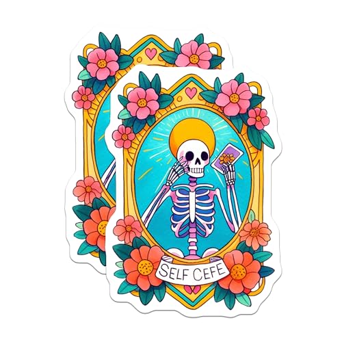 (2 Pack) Skeleton Self Care Stickers - Floral Skeleton - Unique Artistic Stickers for Journals and Laptops - 5" On Longest Side - Sticks to Smooth Flat Surfaces - Made in USA - BMCS9448