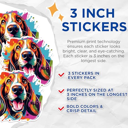 (3 Pack) Basset Hound Decals - Colorful Dog Stickers - Cute Puppy Art Decal - 3 Inches On Longest Side - Easy Peel & Apply - Made in USA - 3MCS0639