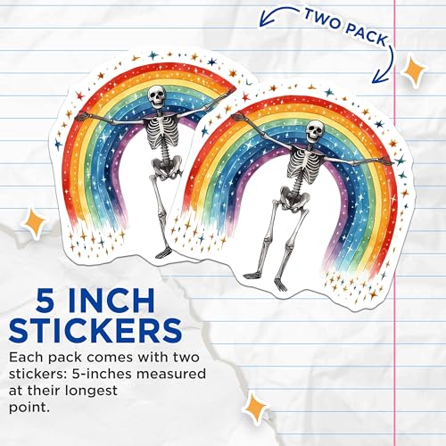 (2 Pack) Skeleton Rainbow Stickers - Colorful Skeleton Art - Rainbow Skeleton Design - 5" On Longest Side - Sticks to Smooth Flat Surfaces - Made in USA - BMCS7166