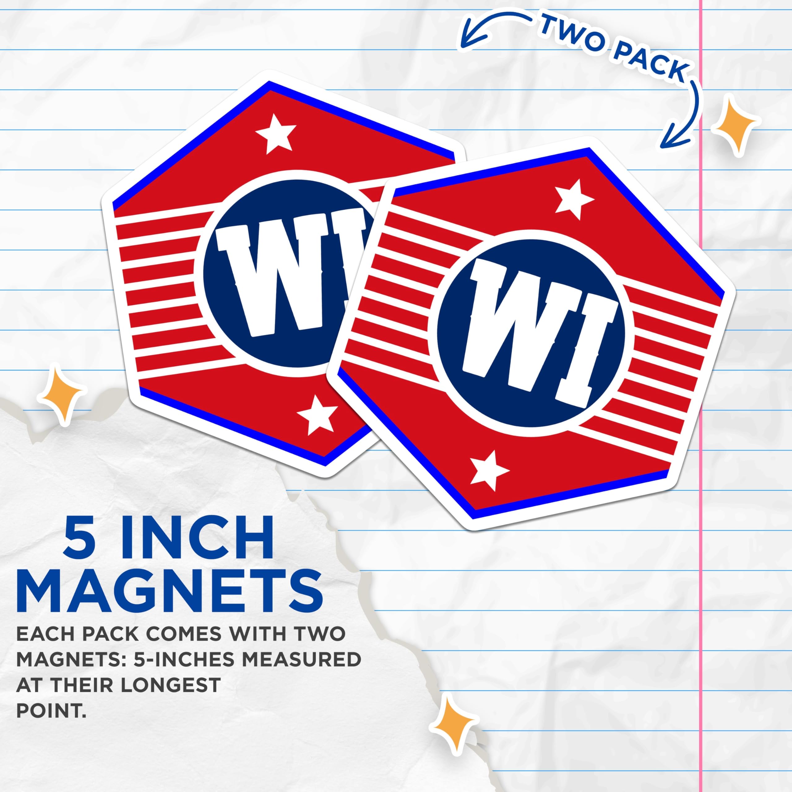 (2 Pack) WI Initial Magnets - Red White Blue - State Pride Decor - 5" On Longest Side - Premium Magnet - for Cars, Refrigerators, Toolboxes, Lockers - Made in USA - MAG18737