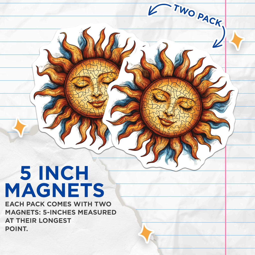 (2 Pack) Sun Face Magnets - Celestial Boho Art - Spiritual Decor - Hippie Vibes - Refrigerator Locker Accent - 5 Inches On Longest Side - Thick Durable Magnet - Made in USA - MAG29555