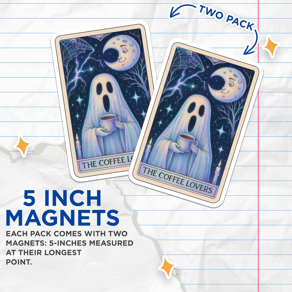(2 Pack) Ghost Coffee Lovers Magnets - Spooky Moon Night Art - Whimsical Tarot Card Decor - 5 Inches On Longest Side - Thick Durable Magnet - Made in USA - MAG22542