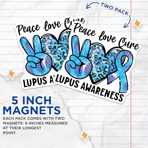 (2 Pack) Peace Love Cure Lupus Awareness Magnets - Awareness Ribbon - Lupus Support Magnets - 5" On Longest Side - for Cars, Fridges, Toolboxes - Made in USA - MAG4286