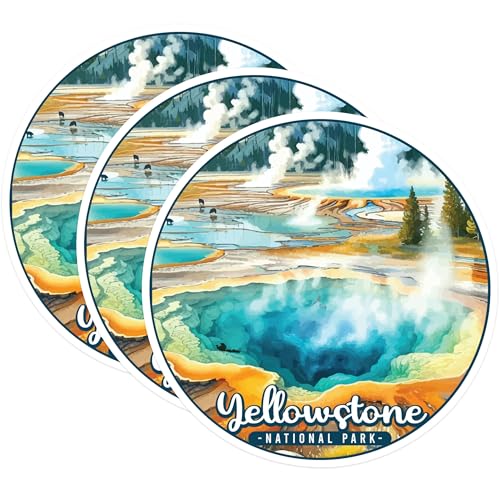 (3 Pack) Yellowstone National Park Decals - Laptop Decal - Grand Prismatic Spring Sticker - 3 Inches On Longest Side - Easy Peel & Apply - Made in USA - 3MCS0505