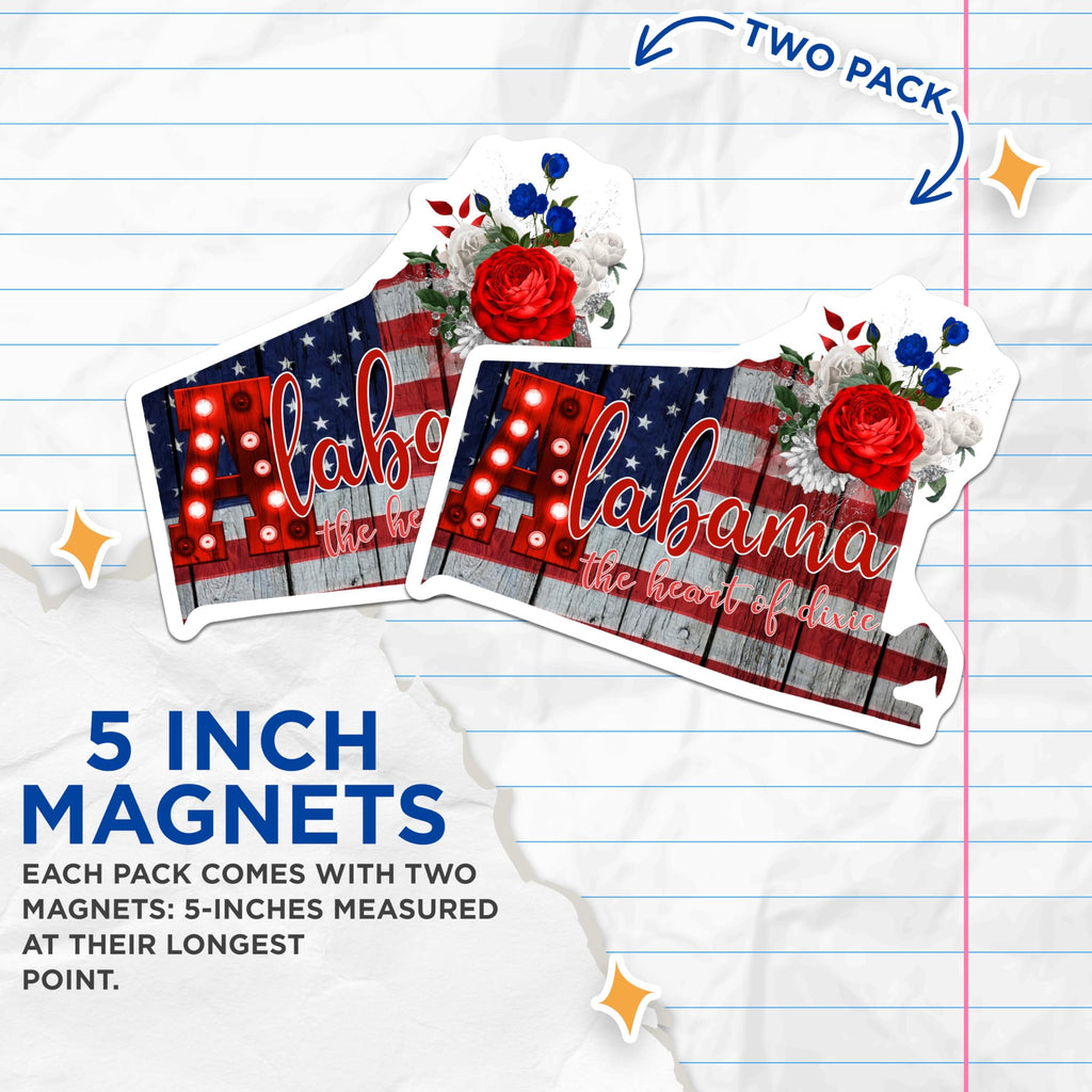 (2 Pack) Alabama Magnets - Heart of Dixie State Decor - Patriotic USA Flag Art - 5 Inches On Longest Side - Thick Durable Magnet - Made in USA - MAG19454