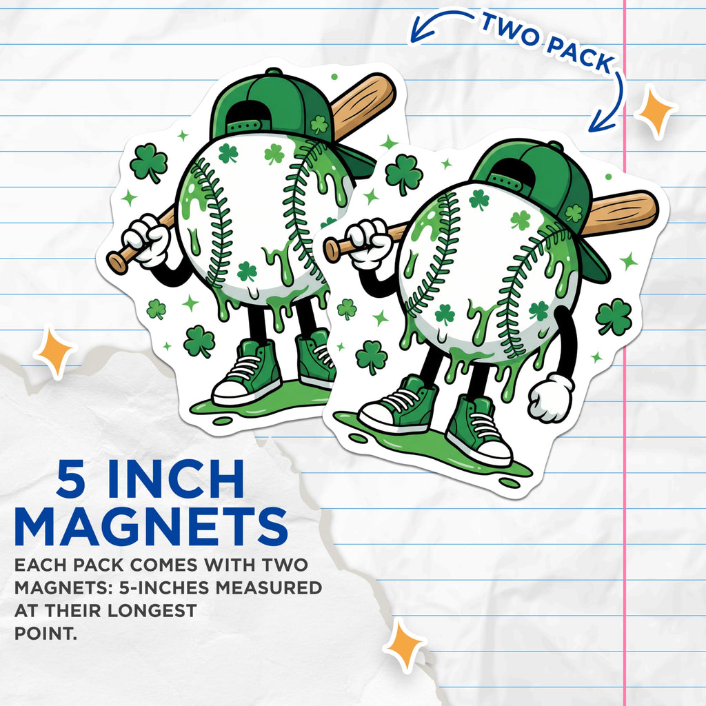 (2 Pack) Baseball Shamrock Magnets - St Patricks Day - Baseball Player Locker Accessories - 5" On Longest Side - Premium Magnet - for Cars, Refrigerators, Toolboxes, Lockers - Made in USA - MAG17138