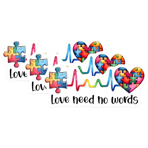 (3 Pack) Autism Awareness Decals - Love Need No Words - Puzzle Heart Decal - 3 Inches On Longest Side - Easy Peel & Apply - Made in USA - 3MCS1983