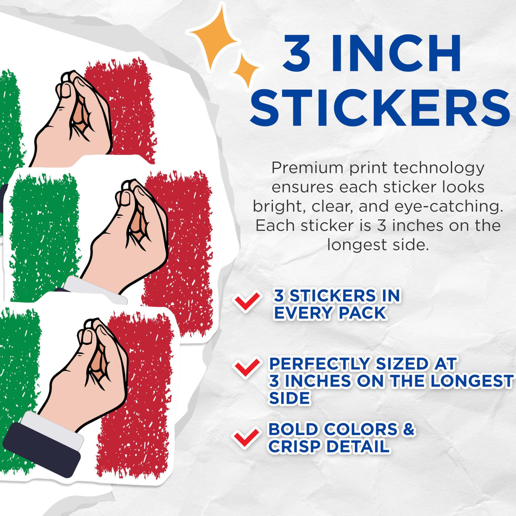 (3 Pack) Italian Hand Decals - Italy Flag - Funny Italian Gesture - 3 Inches On Longest Side - Easy Peel & Apply - Made in USA - 3MCS4729