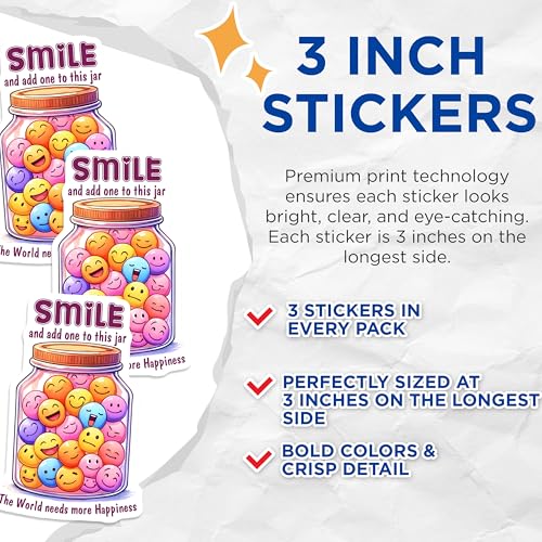 (3 Pack) Smile Jar Decals - Emoji Stickers - Happiness Decal - 3 Inches On Longest Side - Easy Peel & Apply - Made in USA - 3MCS6281