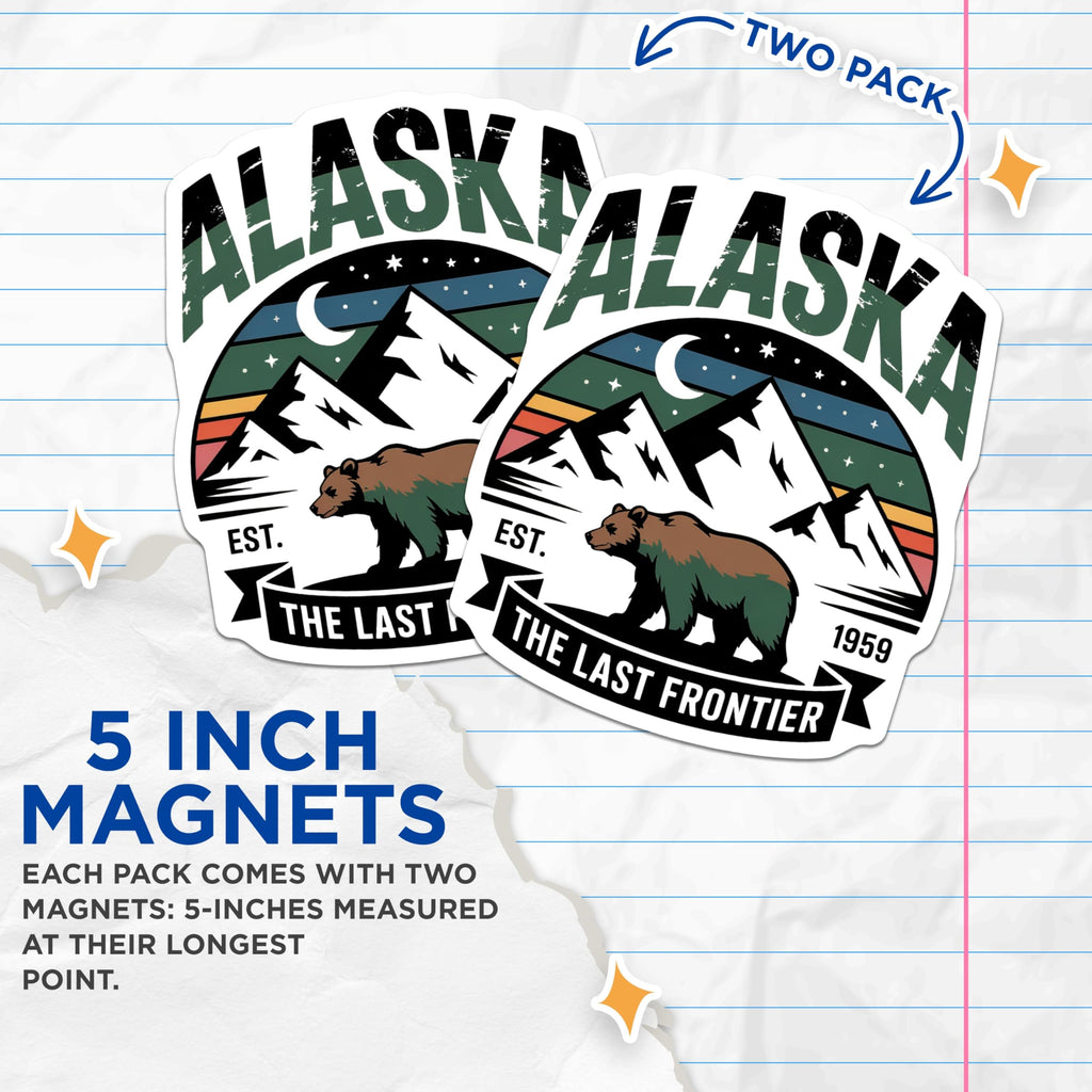 (2 Pack) Alaska Bear Magnets - Last Frontier Adventure - Est 1959 Home Decor - 5" On Longest Side - Premium Magnet - for Cars, Refrigerators, Toolboxes, Lockers - Made in USA - MAG18298