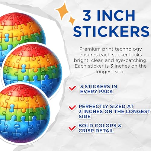 (3 Pack) Rainbow Puzzle Decals - Sphere Jigsaw - Colorful Laptop Decals- 3 Inches On Longest Side - Easy Peel & Apply - Made in USA - 3MCS5239