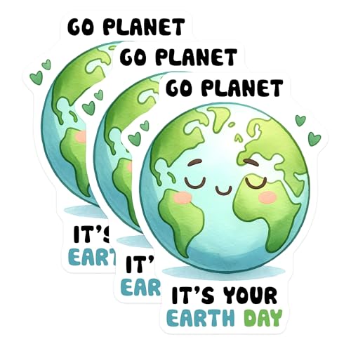 (3 Pack) Earth Day Decals - Go Planet Sticker - Cute Earth Decal - 3 Inches On Longest Side - Easy Peel & Apply - Made in USA - 3MCS8514