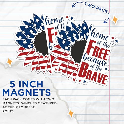 (2 Pack) Patriotic Sunflower Magnets - Home of The Free Magnets - Red White and Blue Decor Magnets - USA Pride Magnets- 5" On Longest Side - for Fridges, Toolboxes, Cars - Made in USA - MAG2958