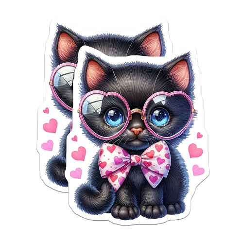 (2 Pack) Adorable Black Kitten with Glasses Magnet - Heart Bowtie Decor - Cat Lovers Gift - 5" On Longest Side - Sticks to Smooth Flat Surfaces - Made in USA - MAG9430