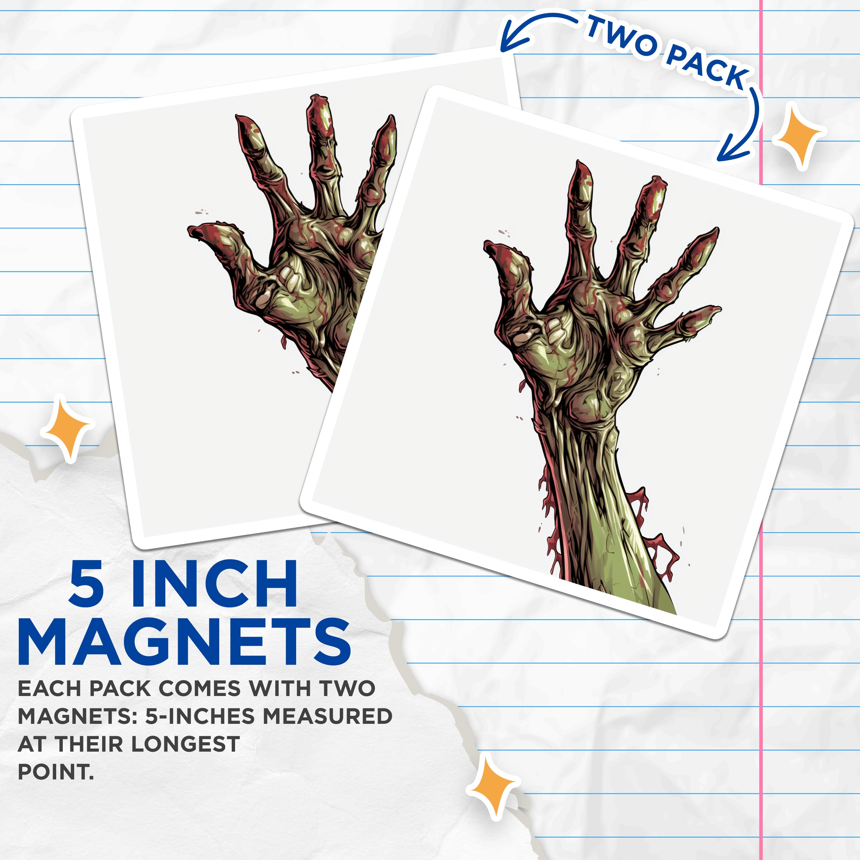 (2 Pack) Zombie Hand Magnets - Horror Decor - Halloween Party Favors - Spooky Refrigerator Accessory - Undead Kitchen Art - 5 Inches On Longest Side - Thick Durable Magnet - Made in USA - MAG37743