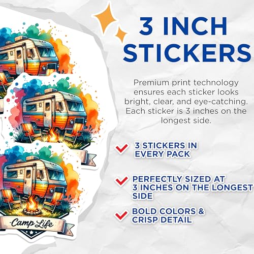 (3 Pack) Camp Life Decals - Camping RV - Outdoor Adventure Decals- 3 Inches On Longest Side - Easy Peel & Apply - Made in USA - 3MCS5711