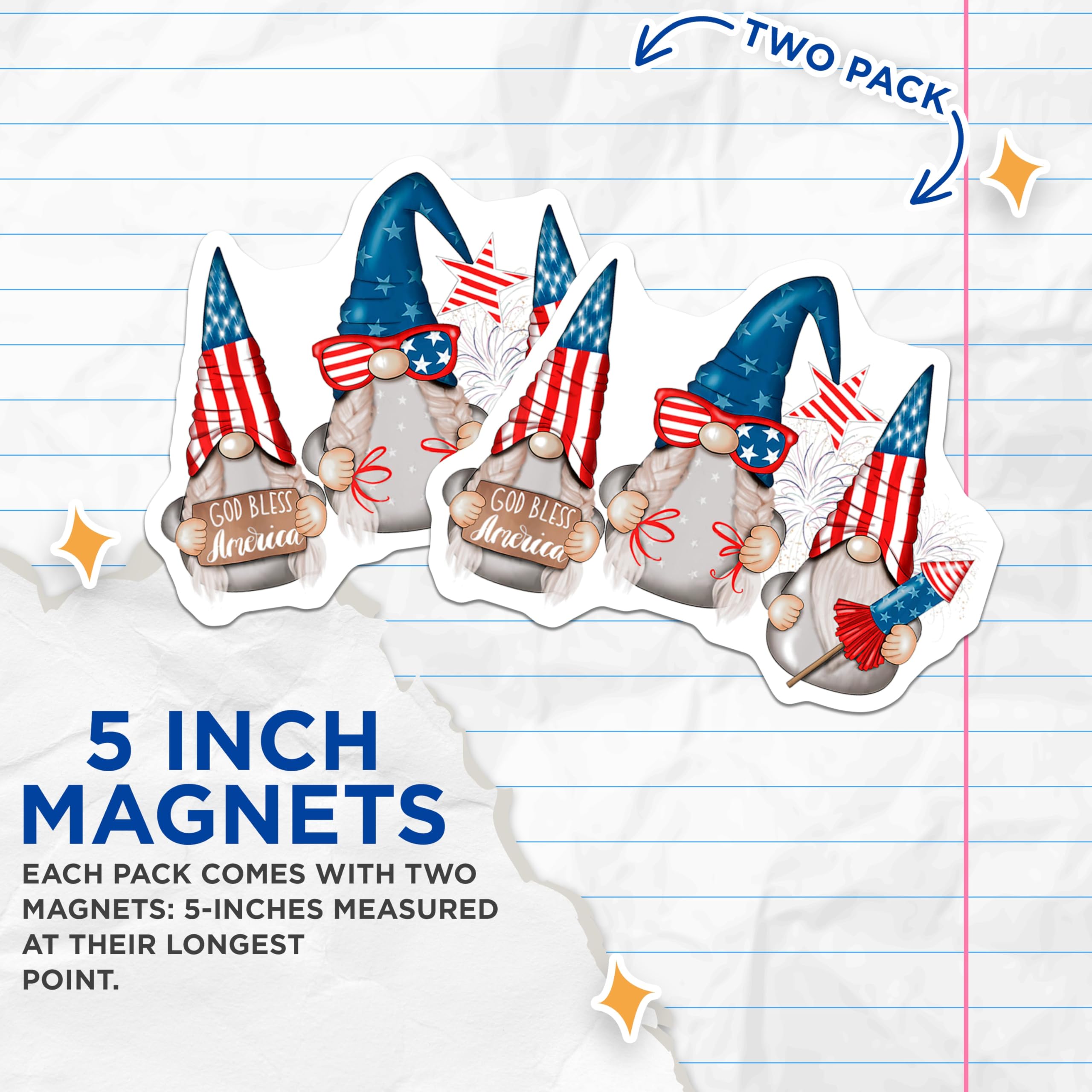 (2 Pack) Patriotic Gnome Magnets - 4th of July Decor - American Flag Refrigerator - 5 Inches On Longest Side - Thick Durable Magnet - Made in USA - MAG29595