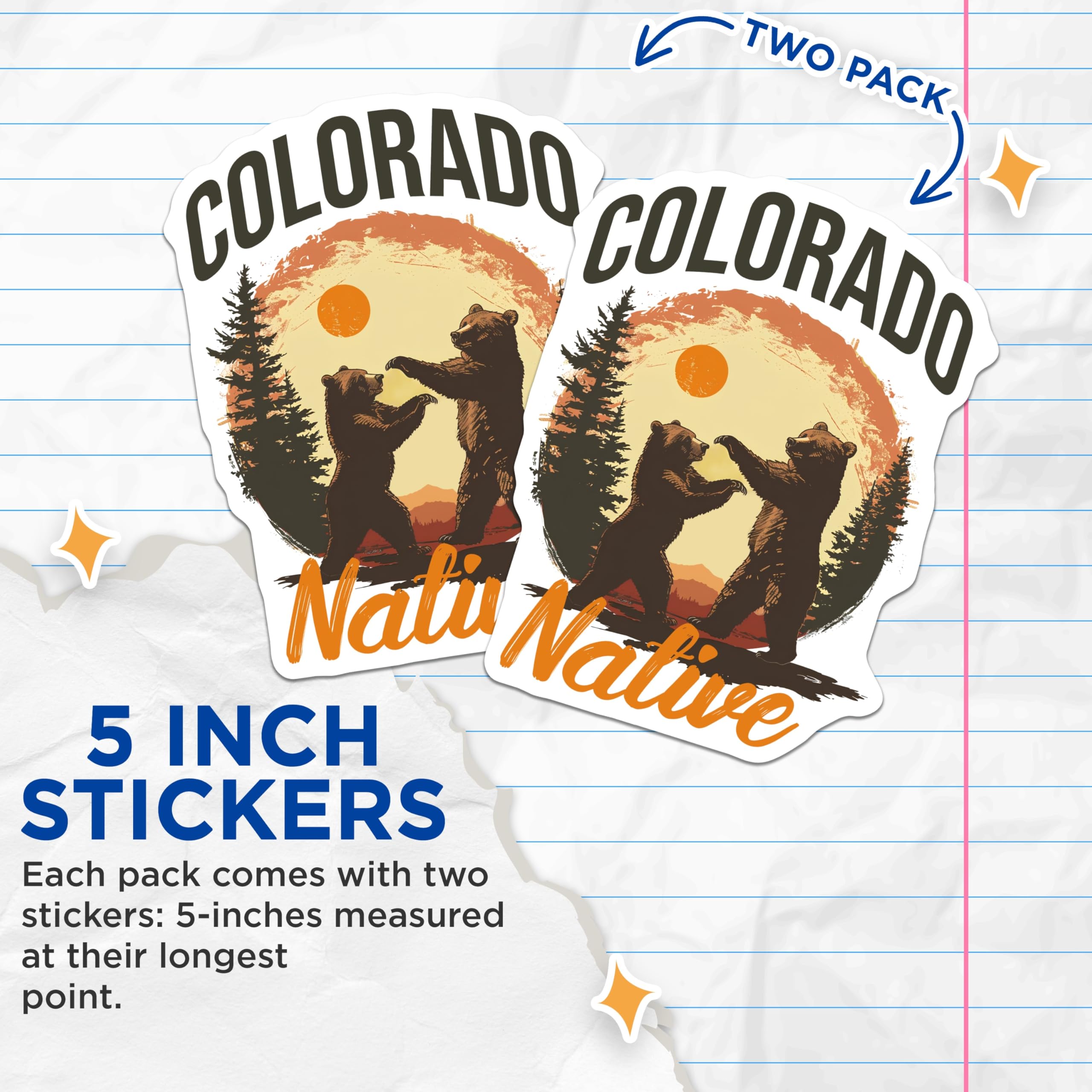 (2 Pack) Colorado Native Bear Stickers - Rocky Mountain State Souvenir - Adventure Stickers - 5" On Longest Side - Sticks to Smooth Flat Surfaces - Made in USA - BMCS17201