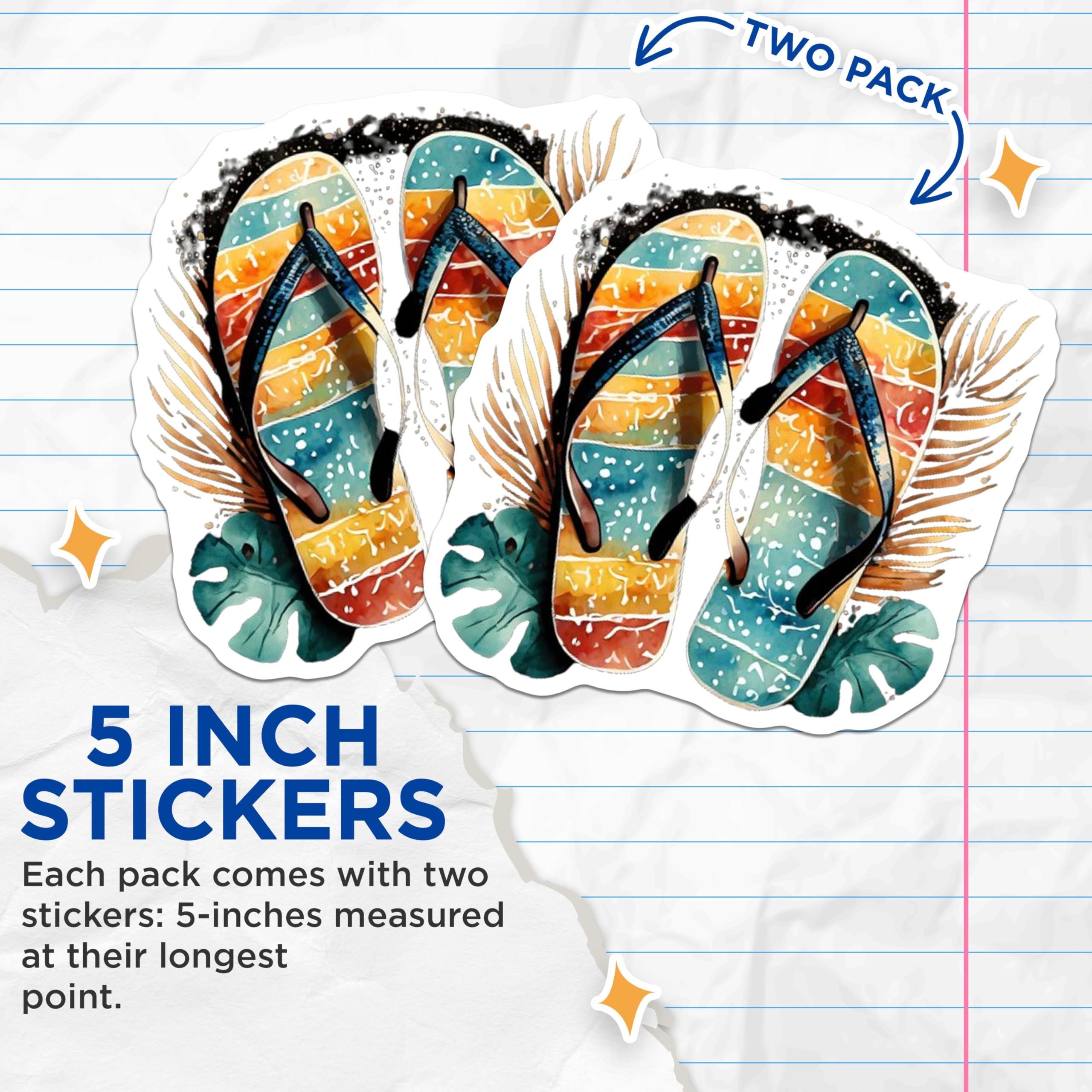 (2 Pack) Beach Flip Flop Stickers - Summer Vibes - Tropical Vacation - 5" On Longest Side - Sticks to Smooth Flat Surfaces - Made in USA - BMCS9324