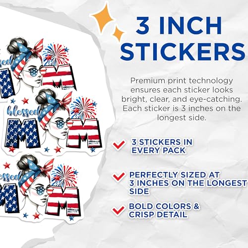 (3 Pack) Blessed Mom Decals - Patriotic Decals - USA Flag Decals - 3 Inches On Longest Side - Easy Peel & Apply - Made in USA - 3MCS6217