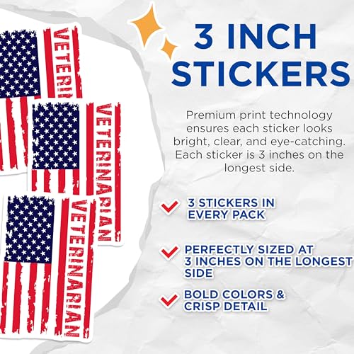 (3 Pack) Veterinarian American Flag Decals - Patriotic Vet Decals - Laptop Car Decals - 3 Inches On Longest Side - Easy Peel & Apply - Made in USA - 3MCS4312