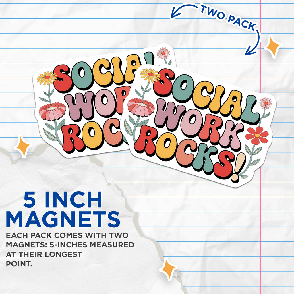 (2 Pack) Social Work Rocks Magnets - Groovy Social Worker Appreciation - Helping Professionals Decor - Mental Health Advocate Thank You - 5" - Durable Magnet - Made in USA - MAG38481