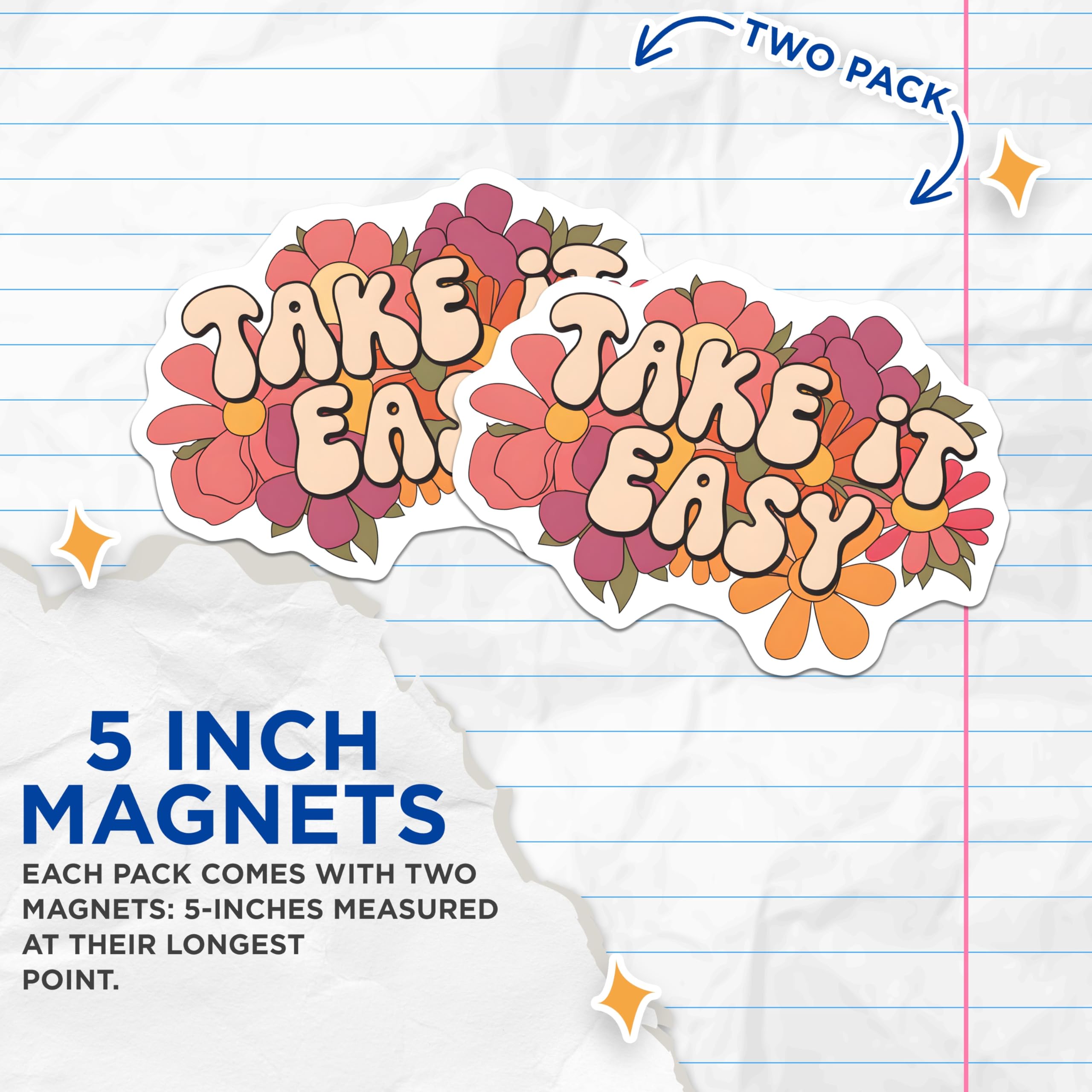 (2 Pack) Take it Easy Magnets - Floral Groovy Magnets - Positive Vibes Fridge Magnets - 5" On Longest Side - Premium Magnet - for Cars, Refrigerators, Toolboxes, Lockers - Made in USA - MAG18173