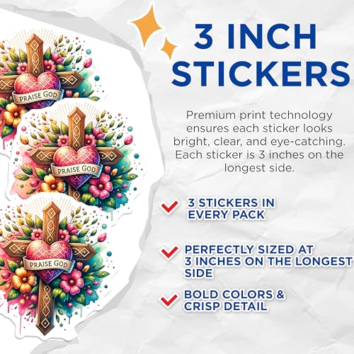(3 Pack) Praise God Decals - Christian Cross Stickers - Religious Laptop Decal- 3 Inches On Longest Side - Easy Peel & Apply - Made in USA - 3MCS5791
