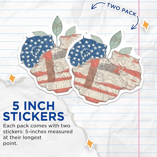 (2 Pack) American Flag Stickers - Patriotic Flower Decals - 5" On Longest Side - Sticks to Smooth Flat Surfaces - Made in USA - BMCS8976 - BMCS8976