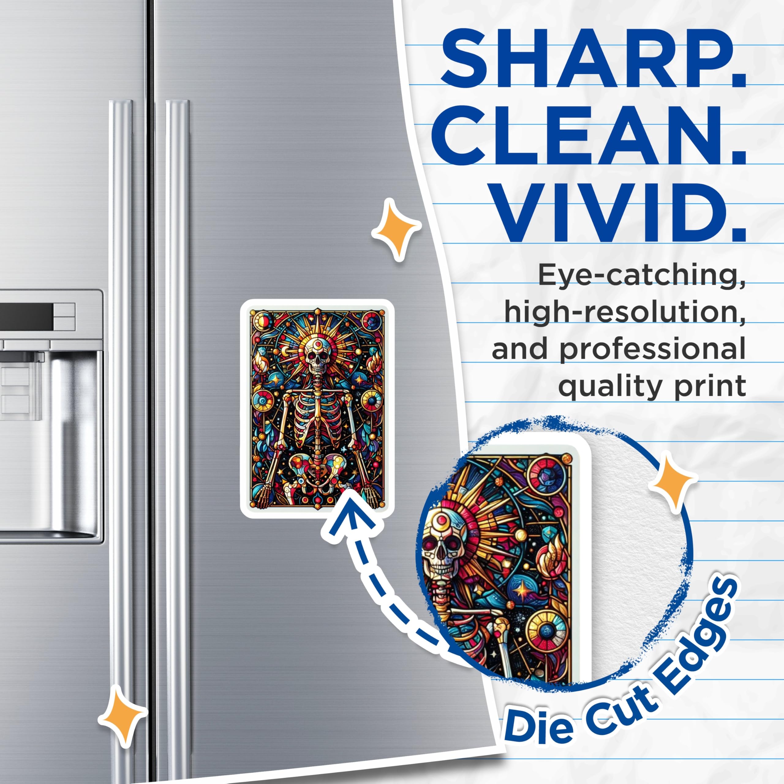 (2 Pack) Stained Glass Skeleton Magnets - Cosmic Skull Art Decor - Vibrant Celestial Gothic Kitchen - 5 Inches On Longest Side - Thick Durable Magnet - Made in USA - MAG22908