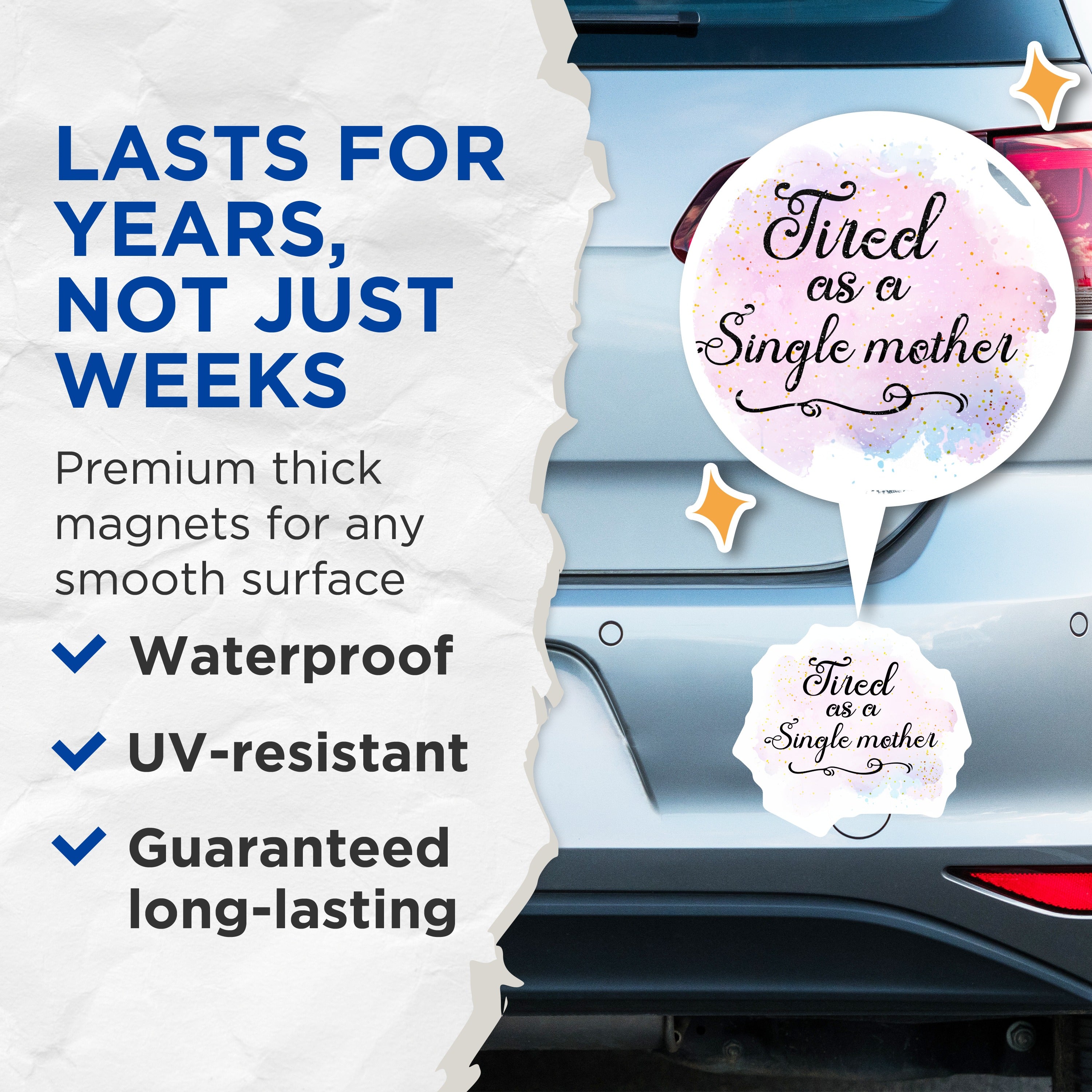 (2 Pack) Single Mother Magnets - Tired Mom Humor - Relatable Parent Quote - Fridge Locker Refrigerator Decor - 5 Inches On Longest Side - Thick Durable Magnet - Made in USA - MAG37646