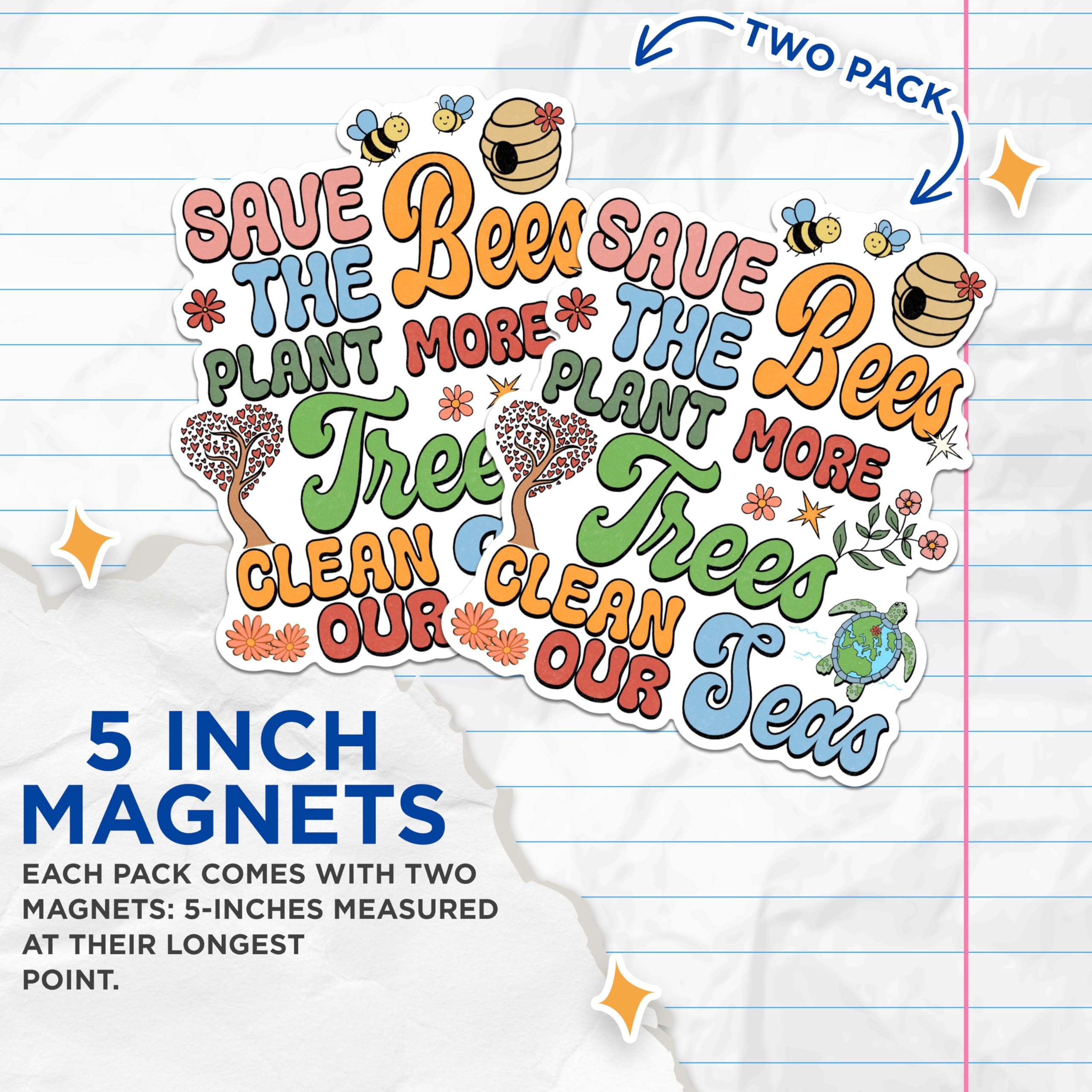 (2 Pack) Save The Bees Magnets - Plant More Trees Magnets - Clean Our Seas Magnets for Environmental Awareness- 5" On Longest Side - for Fridges, Toolboxes, Cars - Made in USA - MAG3046