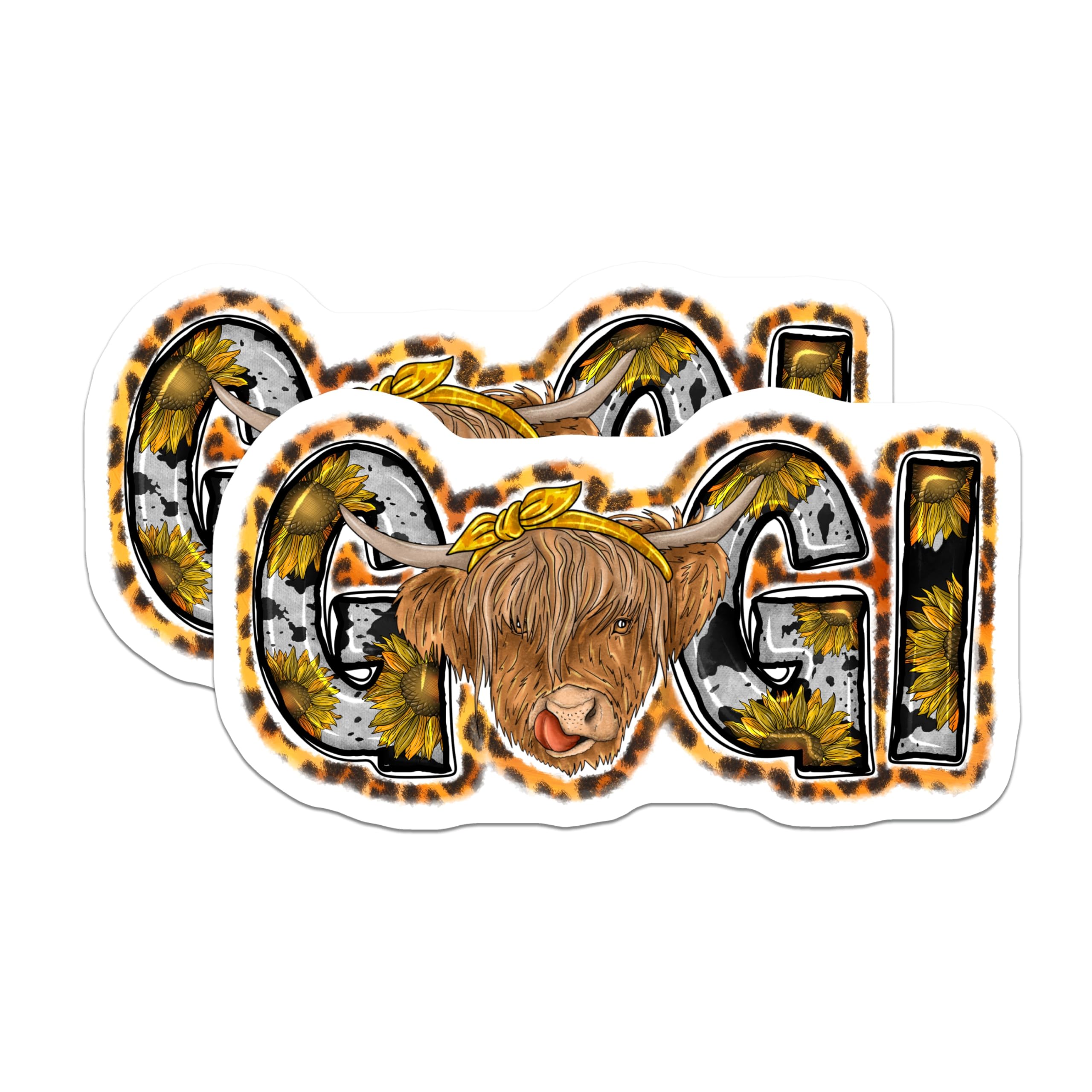 (2 Pack) Gigi Highland Cow Magnets - Sunflower Leopard Print - Farmhouse Kitchen Decor - 5 Inches On Longest Side - Thick Durable Magnet - Made in USA - MAG27980