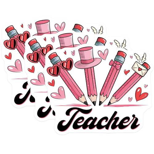 (3 Pack) Teacher Pencils Decals - Pink Pencil Decor - Valentines Day Teacher - 3 Inches On Longest Side - Easy Peel & Apply - Made in USA - 3MCS6408