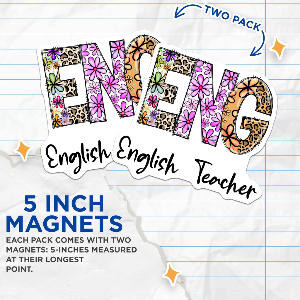 (2 Pack) English Teacher Magnets - Floral Leopard Print - Educator Fridge Decor - 5" On Longest Side - Premium Magnet - for Cars, Refrigerators, Toolboxes, Lockers - Made in USA - MAG15922