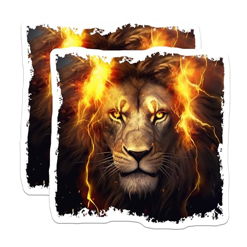 (2 Pack) Lion Flame Stickers - Animal Art Decal - Fiery Lion Head Sticker Illustration - 5" On Longest Side - Sticks to Smooth Flat Surfaces - Made in USA - BMCS4266