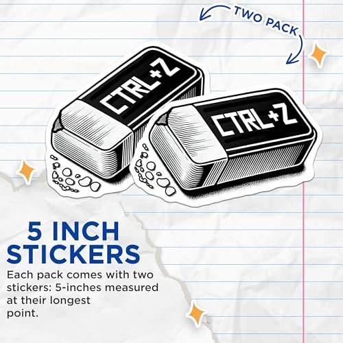 (2 Pack) Undo Mistake Stickers - Ctrl Z Eraser - Tech Humor Art - 5" On Longest Side - Sticks to Smooth Flat Surfaces - Made in USA - BMCS7427
