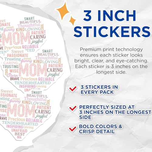 (3 Pack) Mom Word Art Decals - Mother's Day - Laptop Decal- 3 Inches On Longest Side - Easy Peel & Apply - Made in USA - 3MCS5966