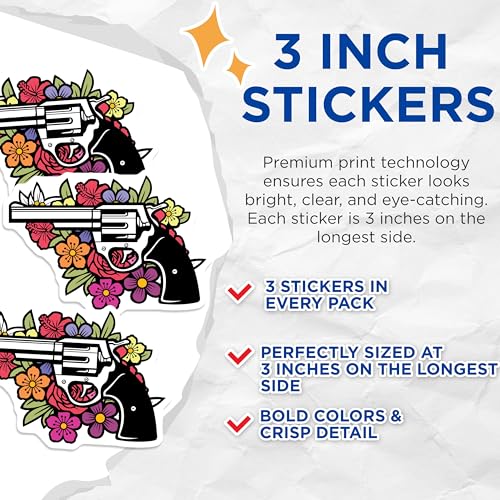(3 Pack) Floral Gun Decals - Gun Flower Stickers - Laptop Decals - Gun Rights Decals - 3 Inches On Longest Side - Easy Peel & Apply - Made in USA - 3MCS4991
