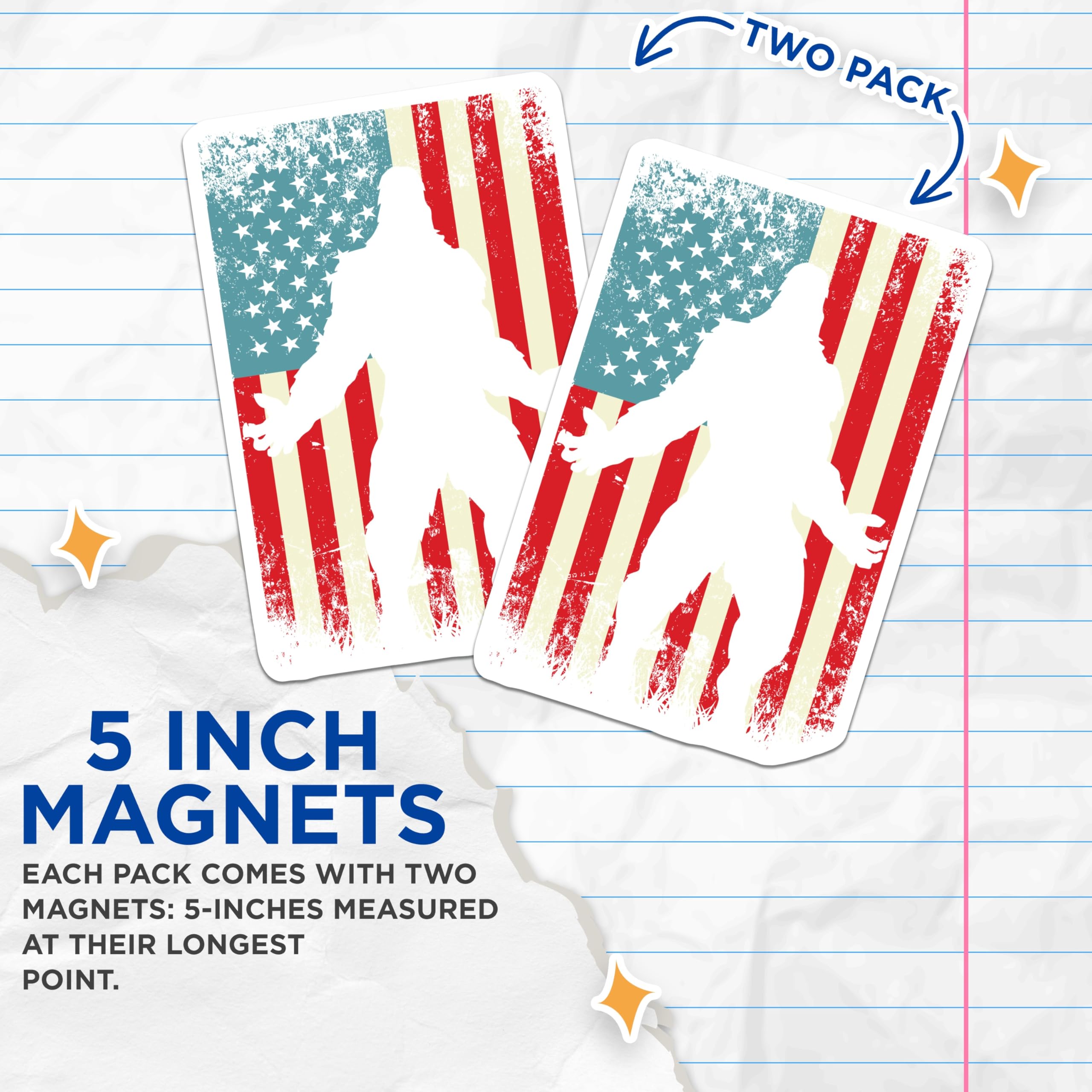 (2 Pack) Bigfoot American Flag Magnets - Patriotic Sasquatch Decor - Cryptid US Flag Fan Art - 5 Inches On Longest Side - Thick Durable Magnet - Made in USA - MAG20666