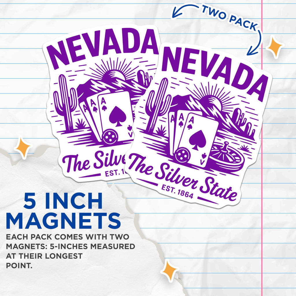 (2 Pack) Nevada Magnets - Silver State Souvenir - Casino Gambling Decor - 5 Inches On Longest Side - Thick Durable Magnet - Made in USA - MAG22604