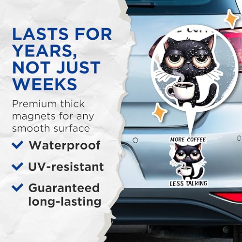 (2 Pack) Funny Cat Magnets - More Coffee Less Talking Kitchen Magnets - Cat Lover Fridge Magnets- 5" On Longest Side - for Fridges, Toolboxes, Cars - Made in USA - MAG2784