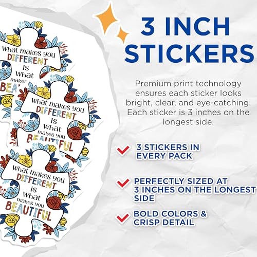 (3 Pack) Autism Awareness Decals - Puzzle Piece - Different is Beautiful Laptop Decals - 3 Inches On Longest Side - Easy Peel & Apply - Made in USA - 3MCS4740
