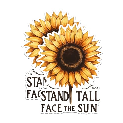(2 Pack) Inspirational Sunflower Stickers - Stand Tall Face The Sun Stickers - Uplifting Motivational Stickers - 5" On Longest Side - Sticks to Any Smooth Flat Surface - Made in USA - BMCS3033