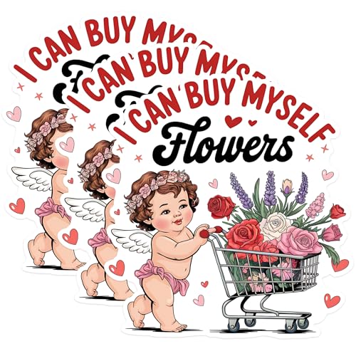 (3 Pack) I Can Buy Myself Flowers Decals - Angel Flower Cart - Empowering Laptop Decal - 3 Inches On Longest Side - Easy Peel & Apply - Made in USA - 3MCS1749