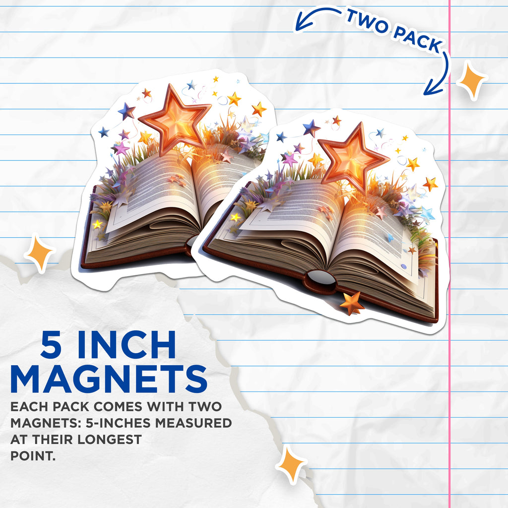(2 Pack) Magical Book Star Magnets - Reading Fantasy Decor - Literary Librarian Gifts - Storyteller Inspiration - 5 Inches On Longest Side - Thick Durable Magnet - Made in USA - MAG38263